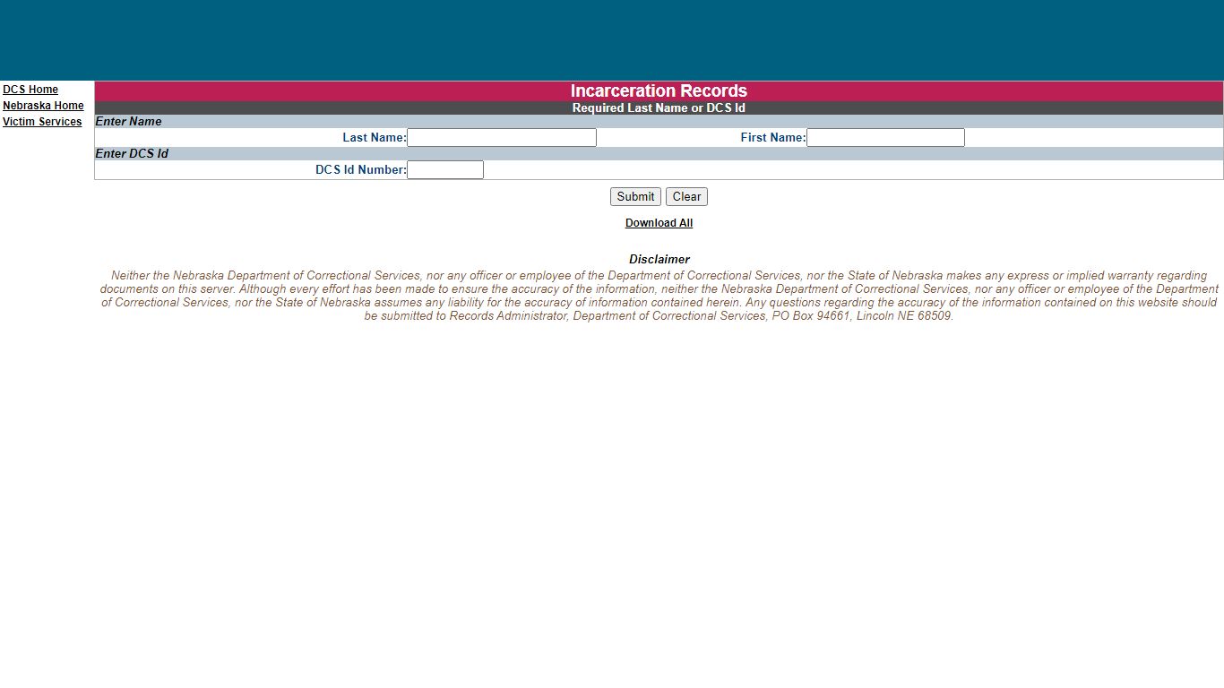 Incarceration Record Search - Nebraska